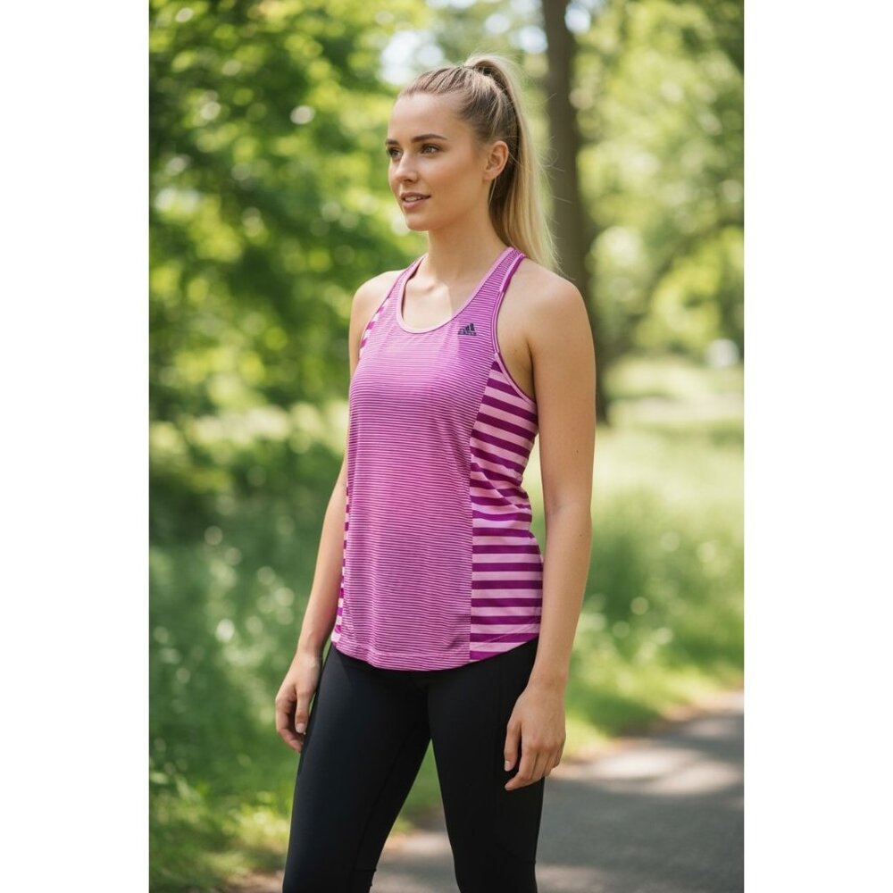 Adidas Climalite Womens L Racerback Tank Top Pink Purple Striped Gym/Workout